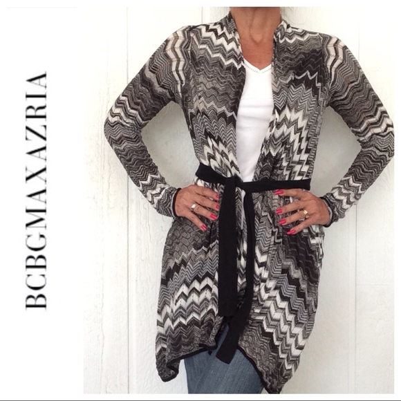 BCBG MAXAZRIA SILK DRAPED OPEN FRONT ZIG ZAG CARDIGAN MEDIUM - Picture 2 of 8